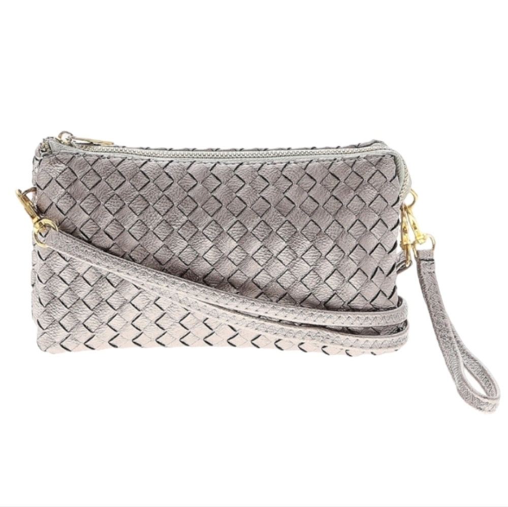 Woven-look Faux Leather Silver Gray Crossbody Bag Purse